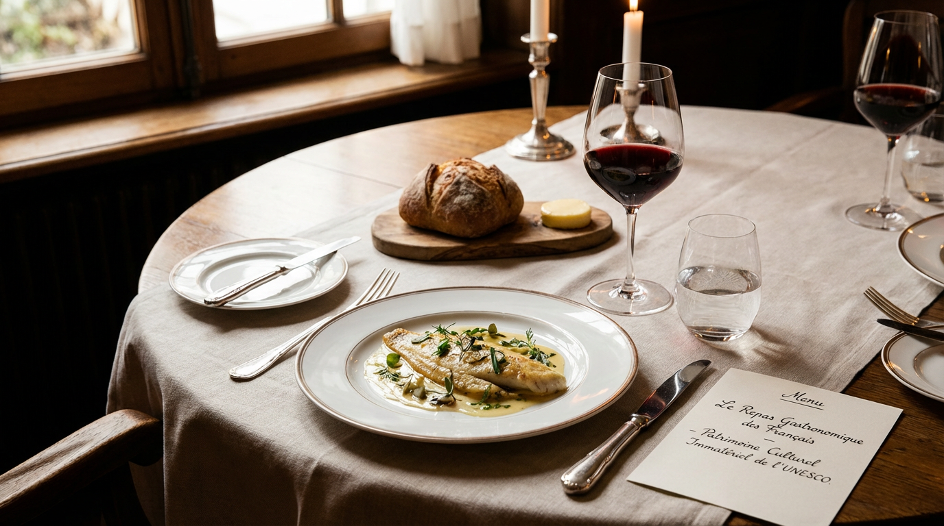 Table gastronomique française raffinée, repas et patrimoine culinaire