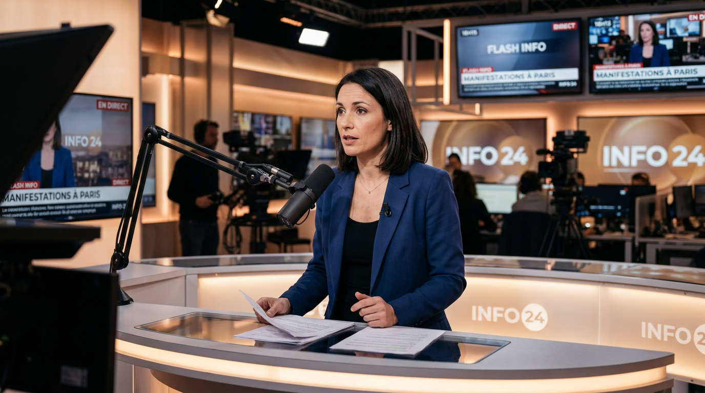 Présentatrice TV en direct dans un studio de radiodiffusion français