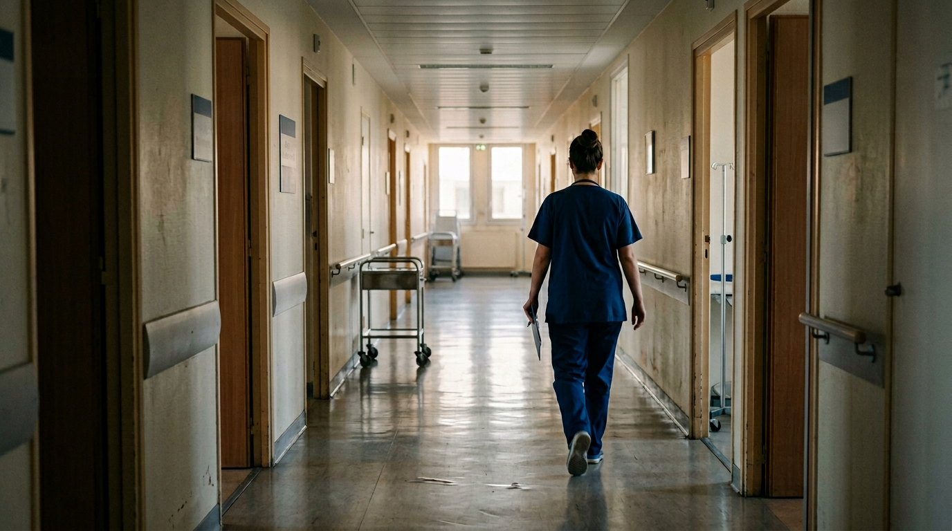 Couloir d'hôpital en France au petit matin, personnel soignant