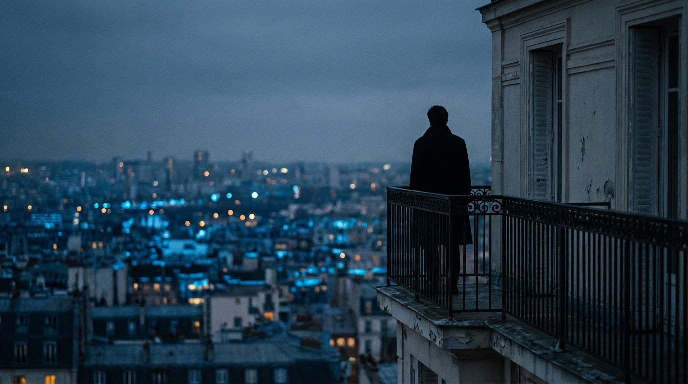 Silhouette sur un balcon parisien au crépuscule, solitude urbaine